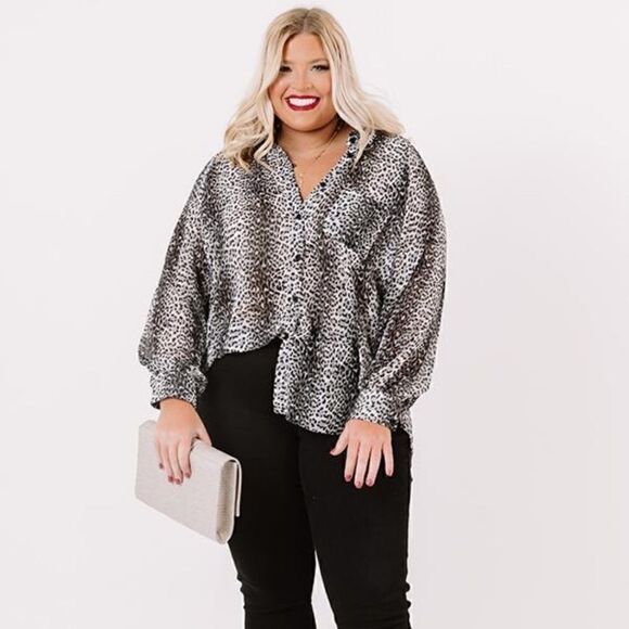 Plus Size Black and Gray Leopard Print Blouse - Picture 3 of 6